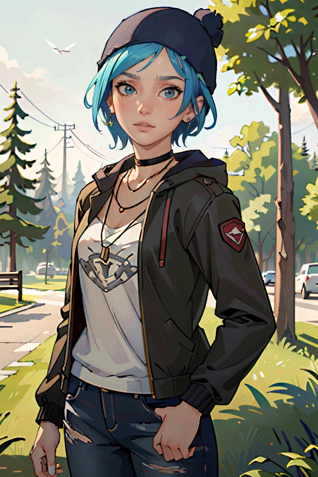 (masterpiece, best quality, highres:1.5)
<lora:LifeStrangeChloe:0.8>
LifeStrangeChloe, 1girl, solo, short hair, jewelry, jacket, choker, necklace, tree, beanie, multicolored hair