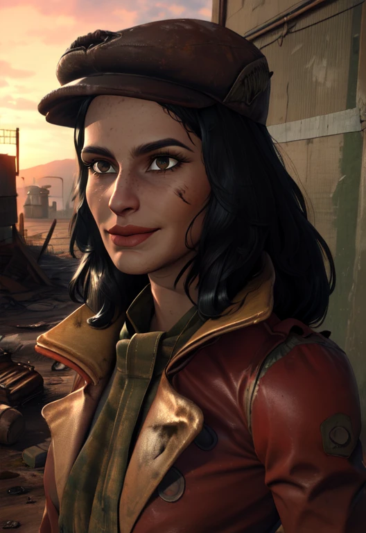 piper, black hair, brown eyes,
standing,upper body,
red jacket, scarf, dirty clothes, small cap,
light smile,
wasteland, fallout \(series\), morning, lake,
(insanely detailed, beautiful detailed face,beautiful detailed eyes, masterpiece, best quality),
<lora:piper:0.8>