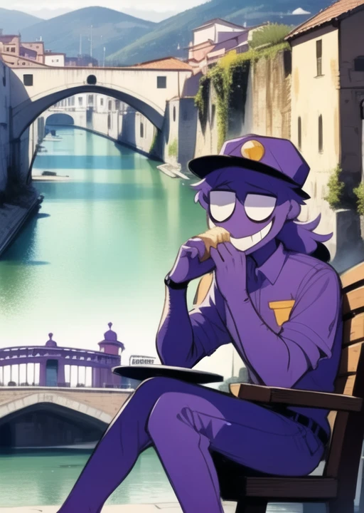 <lora:purpleguy-08:1> purpleguy, sitting in italian Fondamenta, eating ice cream, river background, detailed background, masterpiece, best quality