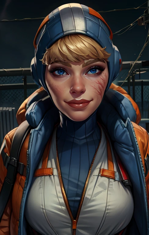 wattson, bangs, blue eyes, scar on face,
looking at viewer, smile,
turtleneck, head cap, white Jumpsuit, orange jacket,
standing, facing viewer,
cyberpunk, electricity, electric fence,
(insanely detailed, beautiful detailed face,beautiful detailed eyes, masterpiece, best quality),
<lora:wattson:0.8>