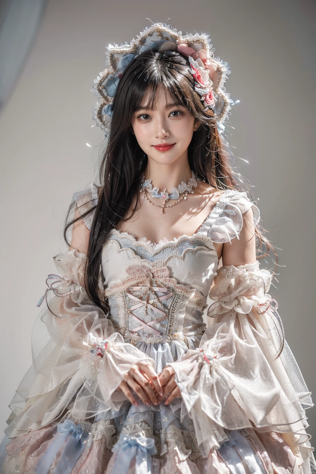 best quality, masterpiece, photorealistic, 1girl, solo, cowboy shot, balck hair, straight hair, blunt bangs, looking at viewer, smile, lo dress, layered dress, wrist cuffs, frills, detached sleeves, bow, necklace, jewelry, simple background, <lora:lo_dress_classic_style1_v2:0.65>