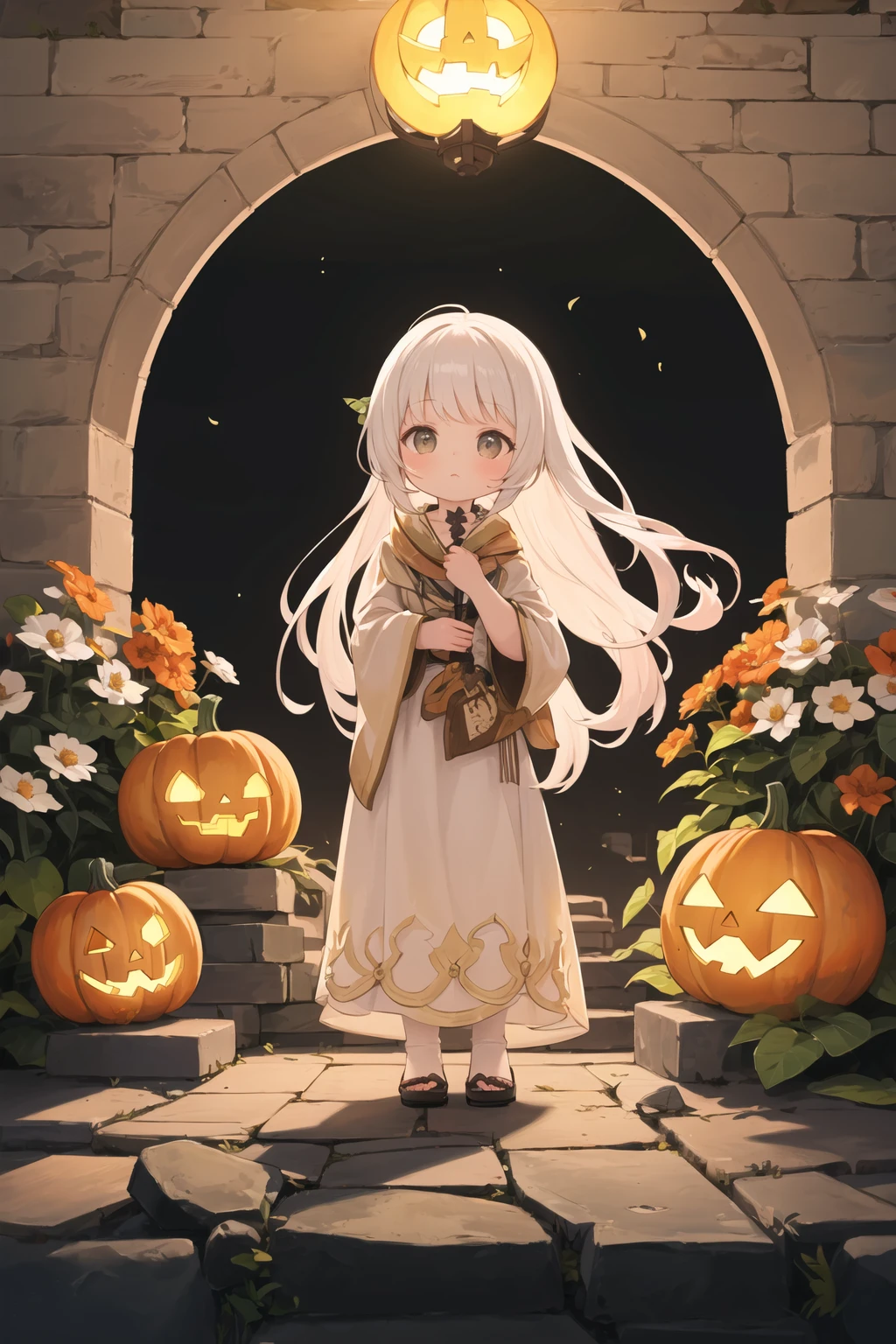 (masterpiece, best quality),moonflower,pumpkin,fantasy,stone lantern,against backlight at dusk,backlighting,(best quality:1.2),highres,amazing,1girl,solo,plant girl,moonflower,pumpkin,fantasy,stone lantern,ray tracing,against backlight at dusk