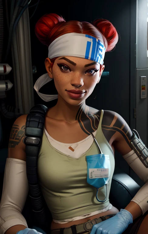 Lifeline, red hair, double bun, brown eyes,
looking at viewer, smile,
headband, left should tattoo, shirt, collarbone, detached sleeves, plastic gloves,
facing viewer, sitting,
cyberpunk, open hospital,
(insanely detailed, beautiful detailed face,beautiful detailed eyes, masterpiece, best quality),
<lora:Lifeline:0.8>