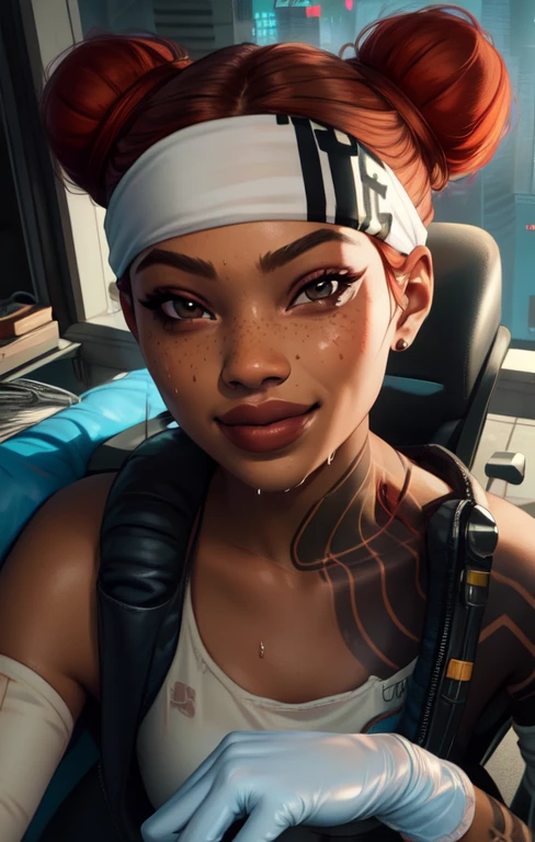 Lifeline, red hair, double bun, brown eyes,
looking at viewer, smile,
headband, left should tattoo, shirt, collarbone, detached sleeves, plastic gloves,
facing viewer, sitting, wet,
cyberpunk, open hospital,
(insanely detailed, beautiful detailed face,beautiful detailed eyes, masterpiece, best quality),
<lora:Lifeline:0.8>