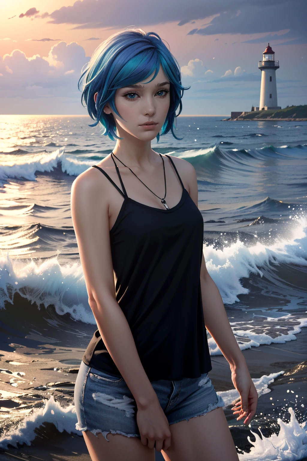 (masterpiece, best quality, highres:1.5)
<lora:LifeStrangeChloe:0.8>
LifeStrangeChloe, 1girl, solo, short hair, multicolored hair, emotional depth, by a lighthouse, waves crashing in the moonlight