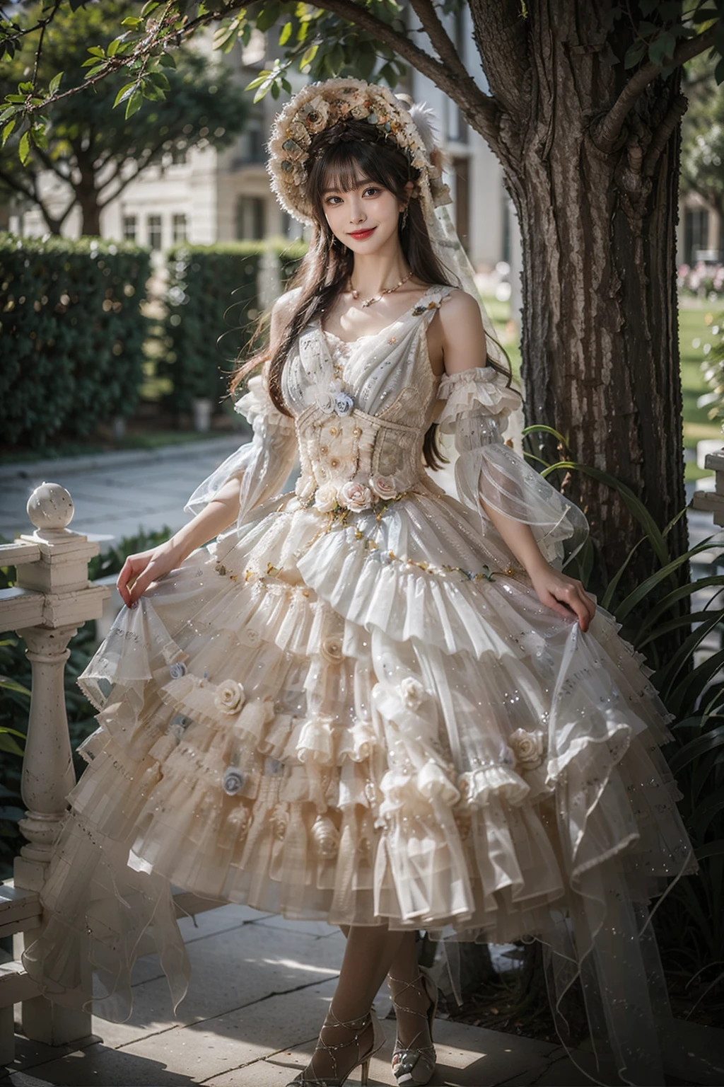 best quality, masterpiece, photorealistic, 1girl, solo, full body, balck hair, straight hair, blunt bangs, looking at viewer, smile, lo dress, layered dress, detached sleeves, wide sleeves, see-through, veil, hat, hair ornament, bonnet, jewelry, thighhighs, high heels, in garden, detailed background, flower, tree, water, <lora:lo_dress_floral_style3_v2:0.65>