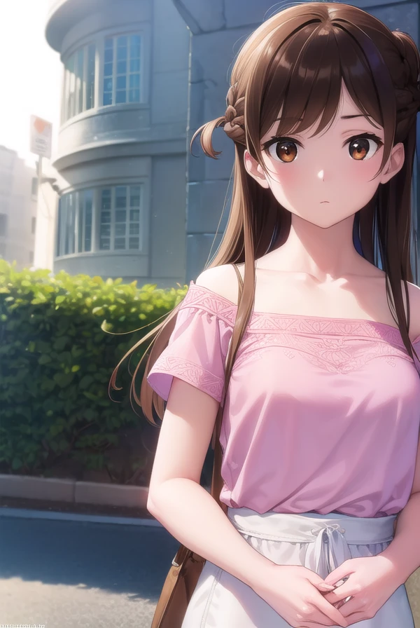 mizuharachizuru, <lora:mizuharachizuru-lora-nochekaiser:1>,
mizuhara chizuru, long hair, brown hair, (brown eyes:1.7), (one side up:1.5), bangs, braid, hair braid,
BREAK bare shoulders, collarbone, pink shirt, puffy short sleeves, puffy sleeves, red bow, shirt, short sleeves, skirt, white skirt,
BREAK outdoors, city,
BREAK looking at viewer, (cowboy shot:1.5),
BREAK <lyco:GoodHands-beta2:1>, (masterpiece:1.2), best quality, high resolution, unity 8k wallpaper, (illustration:0.8), (beautiful detailed eyes:1.6), extremely detailed face, perfect lighting, extremely detailed CG, (perfect hands, perfect anatomy),