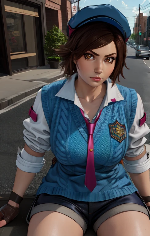 AsukaT8, brown eyes, brown hair,  
fingerless gloves,sweater vest, necktie , white shirt, blue hat,  shorts,  gloves, 
looking at viewer,   cowboy shot,  serious,  sitting, 
streets, morning,  
(insanely detailed, beautiful detailed face,beautiful detailed eyes, masterpiece, best quality),
 <lora:asukaT8:0.8>