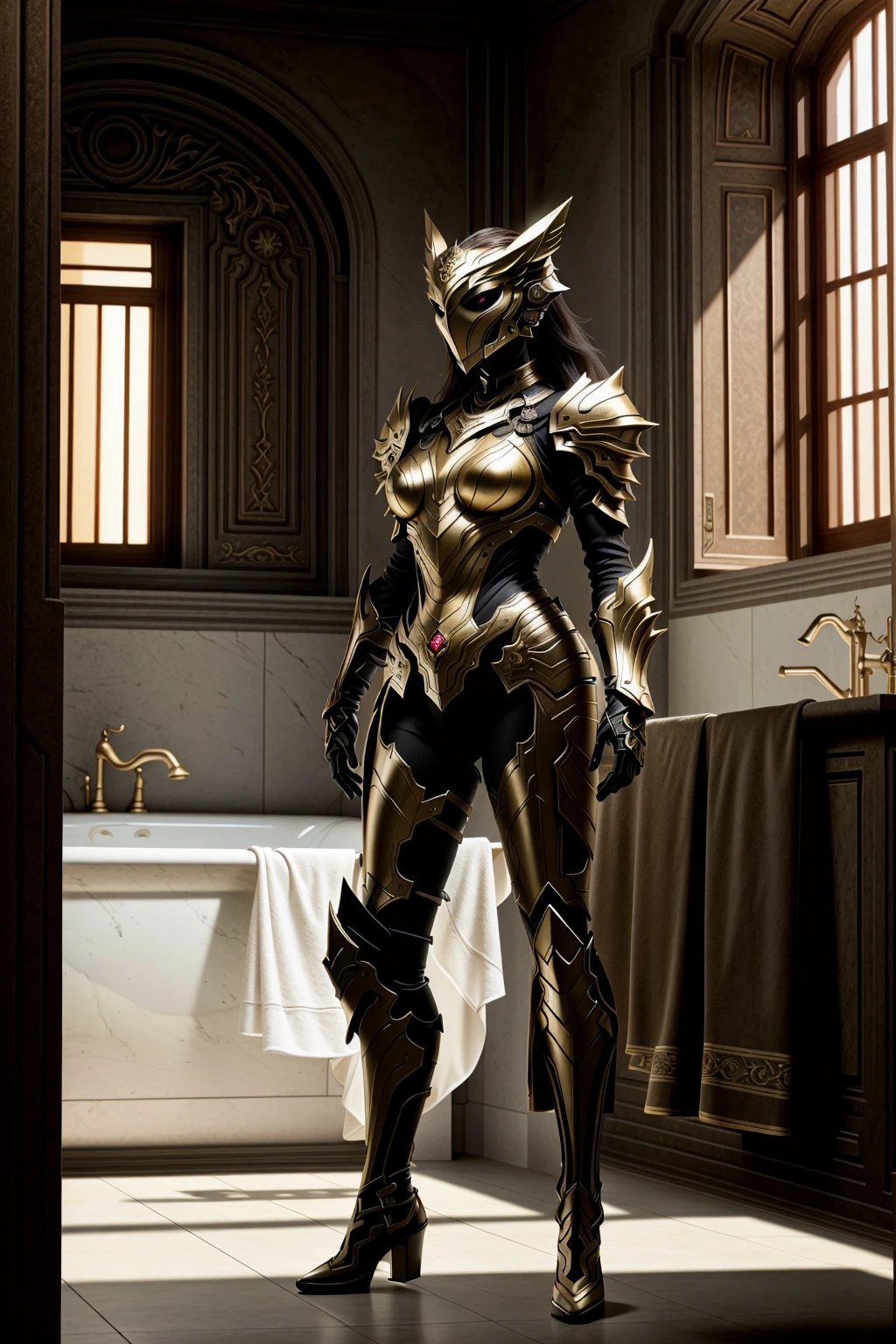 <lora:Loha_Hadesarmorv6:0.7>
masterpiece, highly detailed photorealistic 8k raw pohoto, best cinematic quality, volumetric shadows, volumetric lighting, perfect 10k render in arnold
a girl in Vermillion Beam shield hdsmr, muscular, standing in a bathroom background, full body view, helmet <lora:devildoniastyle_v1:0.2>