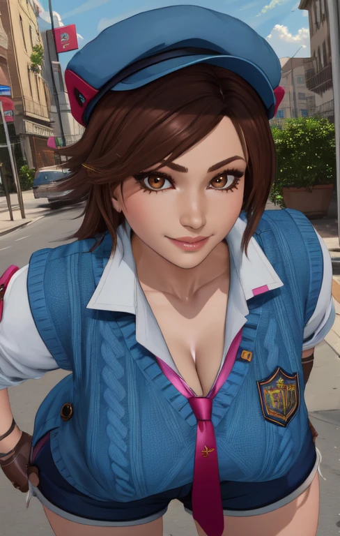 AsukaT8, brown eyes, brown hair, cleavage,
fingerless gloves,sweater vest, necktie , white shirt, blue hat, shorts, gloves,
looking at viewer, light smile, standing, upper body,
streets, morning, leaning forward,
(insanely detailed, beautiful detailed face,beautiful detailed eyes, masterpiece, best quality),
<lora:asukaT8:0.8>