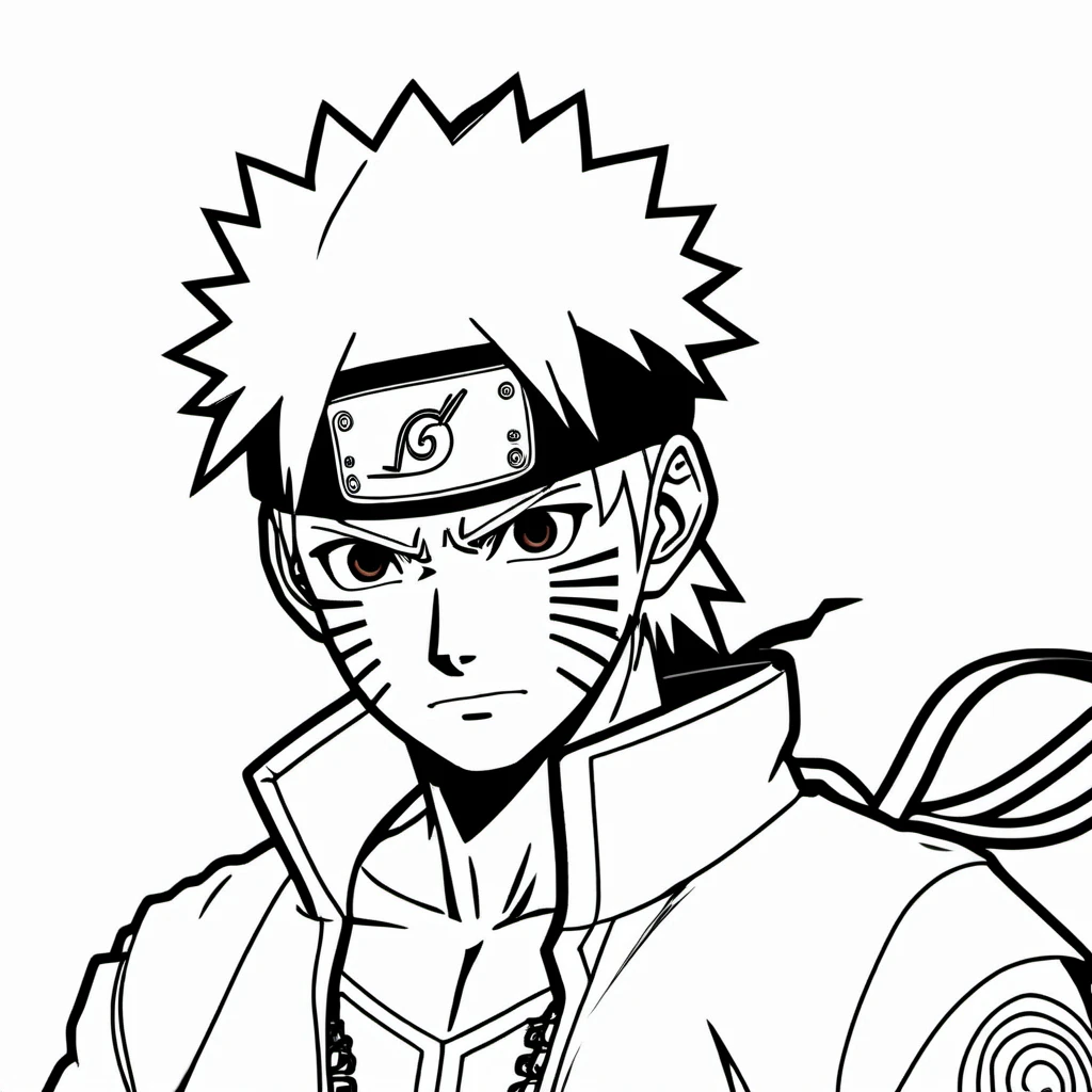 black and white, line art, coloring drawing of Naruto<lora:Coloring_book_-_LineArt:0.6>, white background, thick outlines