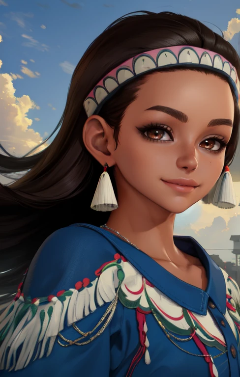 Lily,   brown eyes, black hair,  long hair, 
poncho, fringe trim, headband , earrings, necklace, 
upper body,  standing,  
wind,  dawn, 
 looking at viewer,  smile,  
(insanely detailed, beautiful detailed face,beautiful detailed eyes, masterpiece, best quality), solo, 
 <lora:LilySF6:0.8>