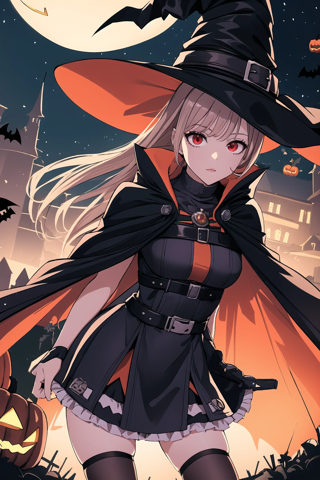 masterpiece, best quality, incrshlwn, <lora:Halloween:0.85>, halloween, halloween costume, night sky, outdoors, rapi \\(nikke\\), red eyes, <lora:Char_NIKKE_Rapi:0.9>, dress, thighhighs, halloween themed, candy, jewelry, frills, cape, witch hat, pumpkin,