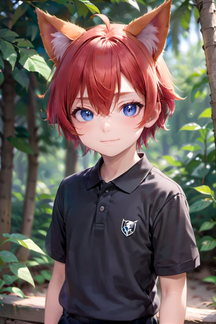 <lora:aki_sdxl_v10:0.6>,1boy, aki, crimson hair, animal ears, masterpiece, ultra detail, forest, blue eyes, black polo shirt
