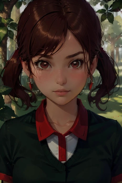 highest quality, highest quality visuals, highest details,<lora:Plum V21:0.75> plum (mario golf 64), 1girl, solo, 2D, small breasts, high poly, brown hair, pigtails, green eyes, smile, dark blue shirt, red collar, red cuffs, dark background,, fcPortrait_Force_Portrait, portrait, close up, looking at viewer, portrait, close up,