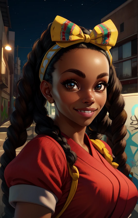 Kimberly, black hair, brown eyes, long braids, two-tone hair,
bow hairband, red shirt, puffy short sleeves,
standing, upper body,
streets, night, graffiti, urban,
looking at viewer, smile,
(insanely detailed, beautiful detailed face,beautiful detailed eyes, masterpiece, best quality), solo,
<lora:KimberlySF6:0.8>