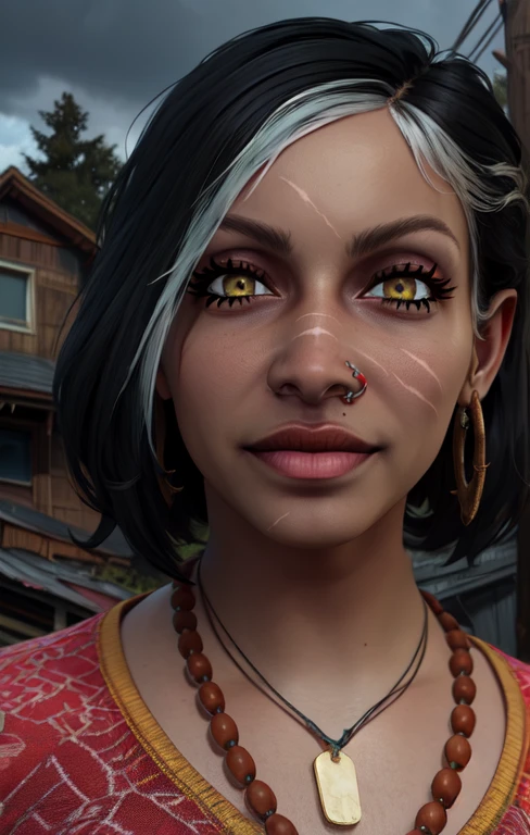 Haddie, two-tone hair, black hair, scar, yellow eyes,
shirt, necklace, single earring, nose piercing,
standing, evil smile,
forest, abandoned houses, night, outdoors, teeth,
(insanely detailed, beautiful detailed face,beautiful detailed eyes, masterpiece, best quality),
<lora:Haddie:0.7>