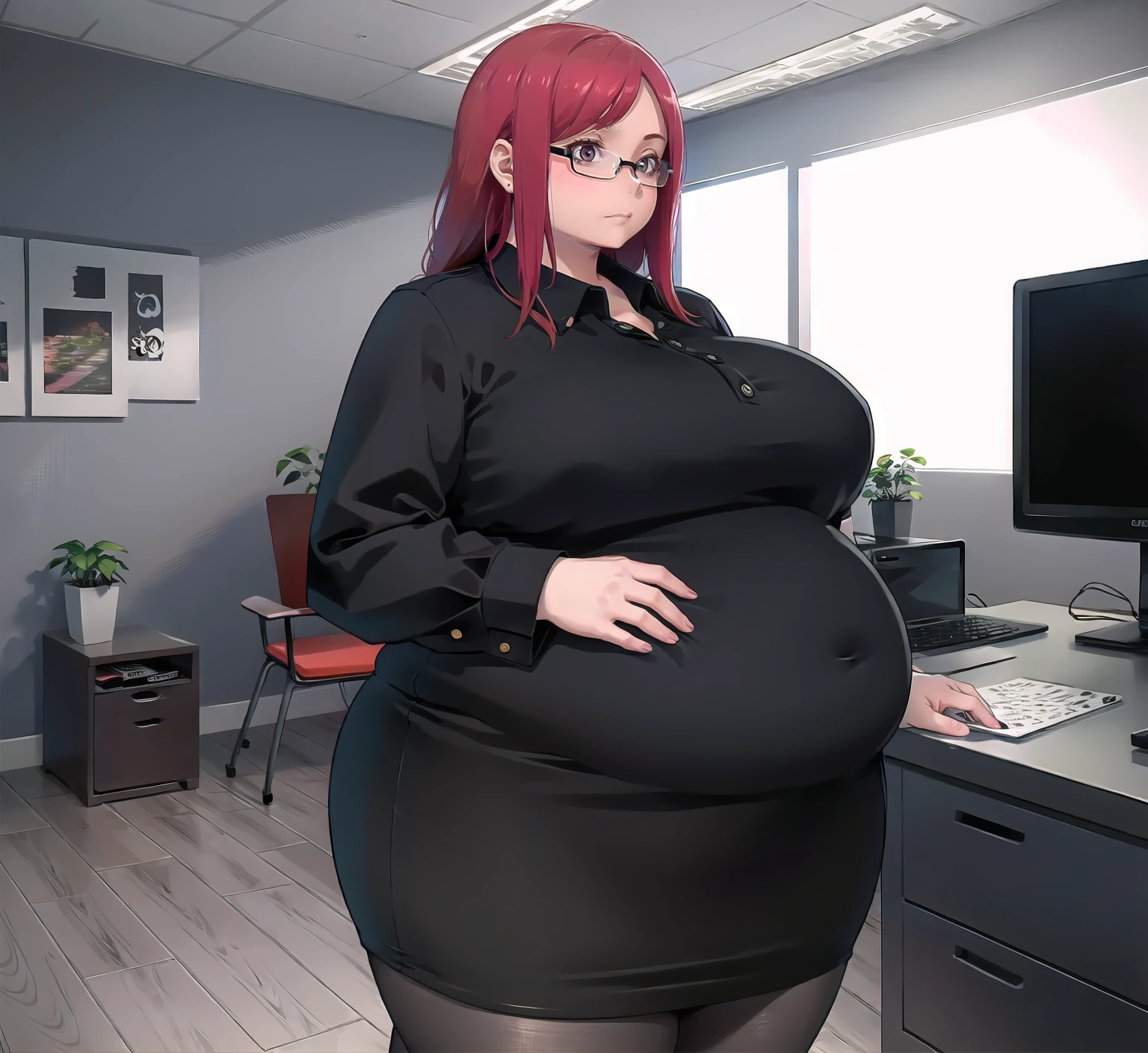 (high_aesthetic:1.2),
curvy, big belly, apple_shaped_body, office lady, collared shirt, pencil skirt, glasses,
averting eyes, (weight conscious),
1girl, solo, standing, (cowboy shot, upper body:1.2),
office, indoors