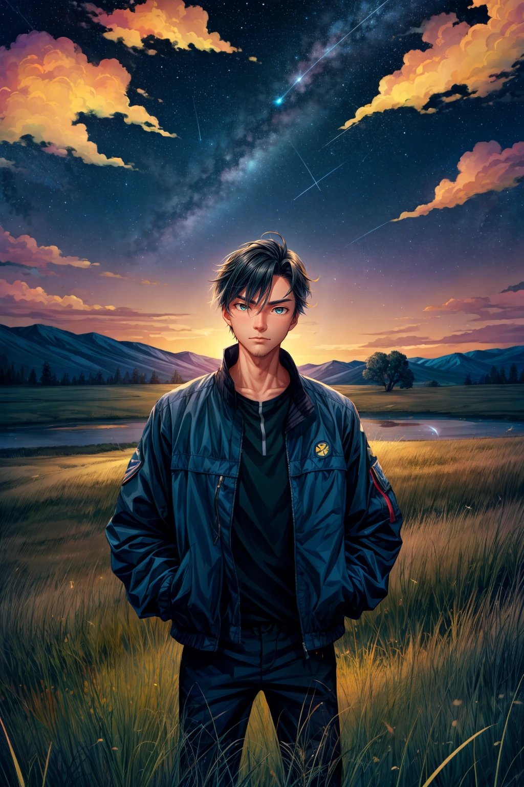 (night), grass, savannah, grassland, star \(sky\), starry sky, gradient background, gradient sky, meteor, ð , cloud, fireflies, river, horizon, 1man, male focus, jacket, looking at viewer,