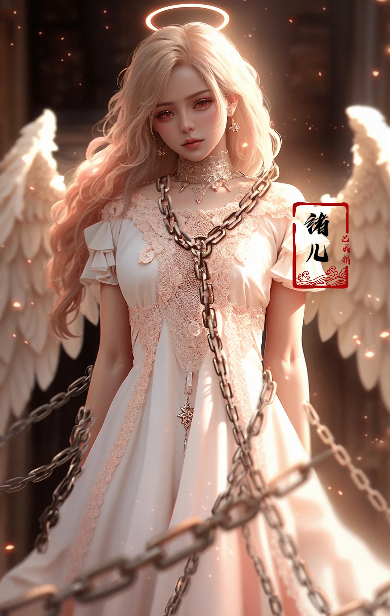 Epic CG masterpiece, a woman dressed in an angelic outfit in chains, delicate face, hdr,dtm, full ha,8K, ultra detailed graphic tension, dynamic poses, stunning colors, 3D rendering, surrealism, cinematic lighting effects, realism, 00 renderer, super realistic, full - body photos, super vista, super wide Angle, rich details, highest quality, extremely exquisite,
Black background1girl, chain, wings, solo, dress, blindfold, white dress, jewelry, veil, choker, ring, own hands together, angel wings, feathered wings, covered eyes, halo
 <lora:~Q?-Y)O Angel:0.8>