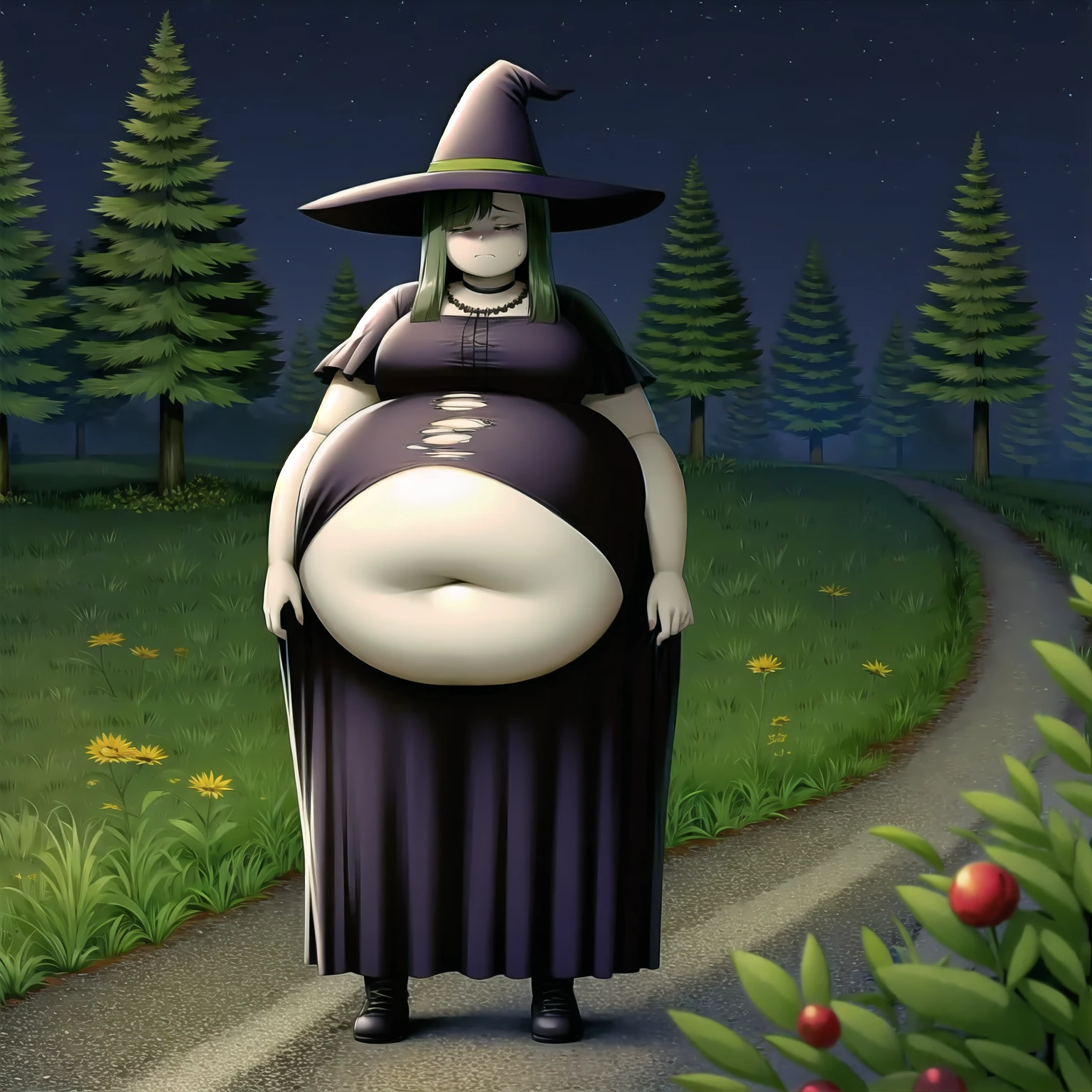 (high_aesthetic:1.2),
fat, (stuffed_belly), taut dress, covered navel, black dress, witch, witch hat, choker, torn clothes, (half-closed eyes), exhausted, tired,
night, outdoors, pine tree,
(cowboy shot, upper body:1.2), standing, 1girl, solo