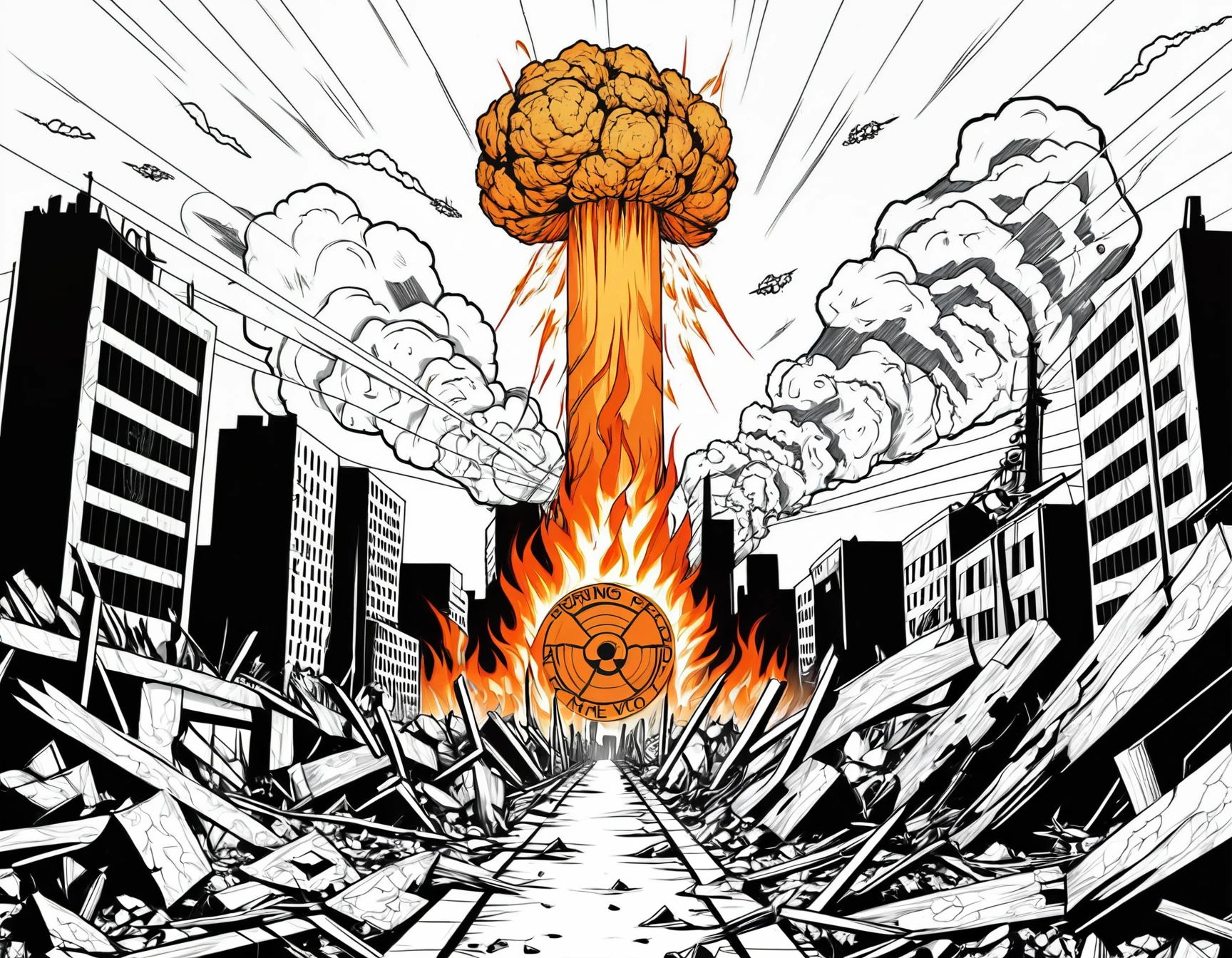 line art drawing Tattoo artwork the end of the world, burning destroyed city after nuclear blast . professional, sleek, modern, minimalist, graphic, line art, vector graphics