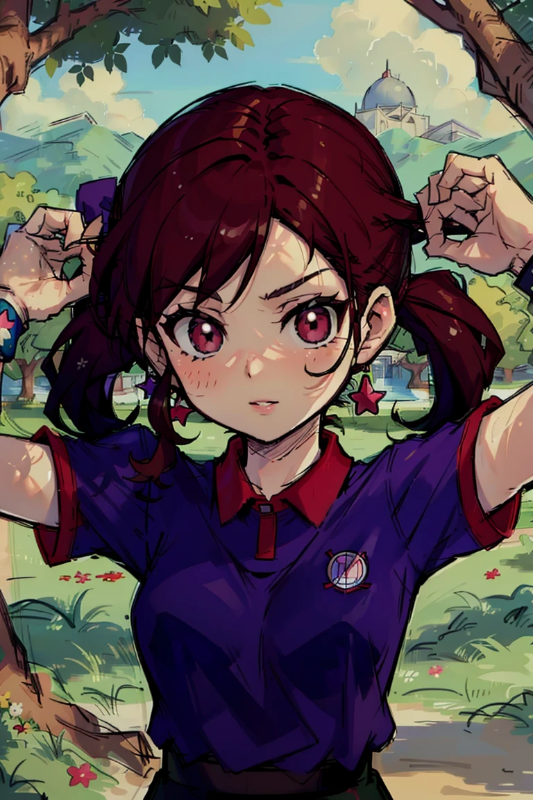 <lora:Plum V21:0.75> plum (mario golf 64), 1girl, solo, brown hair, pigtails, green eyes, smile, dark blue shirt, red collar, red cuffs, 1white_glove, blocking sun with hand, looking into distance, sunny, bright,, fcPortrait_Force_Portrait, portrait, close up, looking at viewer, portrait, close up,