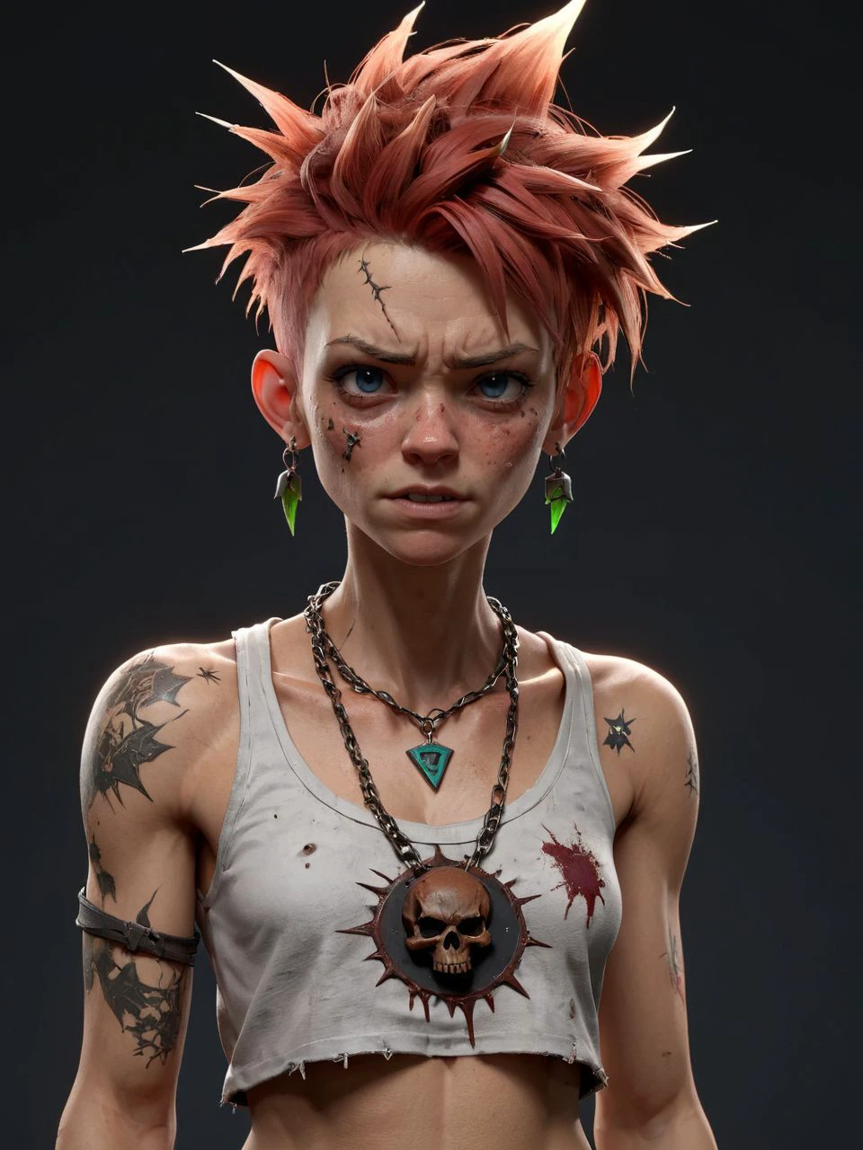 punk, skinny, multiples large necklaces, colored punk destroy shirt, 3d character, game character, 3d render, trending on artstation, concept, small, 1person, wide angle, 32mm, skinny,scars, hero pose, deciduous, (freckles:0.741), dirty clothes, thorns, goosebumps, serious face,cool person, (holding asset:1.3) , full body subsurface scattering, arnold render, xgen, trending on artstation, master piece, intricate, black background, rim lighting