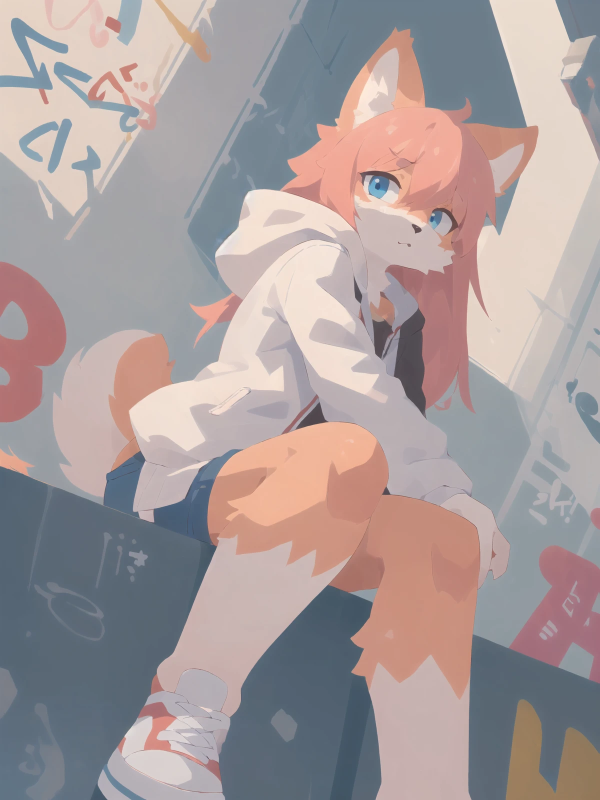 1girl, solo, (graffiti:1.3), sitting on stairs, short shorts, white jacket, white fur, white shoes, long hair, (tilted angle, dutch angle:1.3), pink hair, looking at viewer, blue eyes, (best quality, masterpiece, illustration, ultra-detailed:1.3), (uploaded on e621, furry, anthro, kemono:1.3),