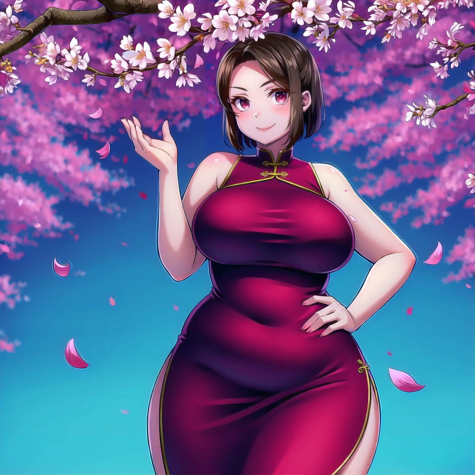 (high_aesthetic:1.2),
curvy, hourglass_figure, large breasts, wide hips, looking at viewer,
china dress, cherry blossoms, outdoors,
(cowboy shot:1.2), standing, 1girl, solo