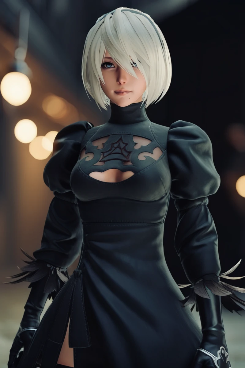 cinematic photo yorha2b,<lora:yorha2b_sdxl_V10-000008:0.65>,looking at viewer,smirking,full body,full_armor, . 35mm photograph, film, bokeh, professional, 4k, highly detailed