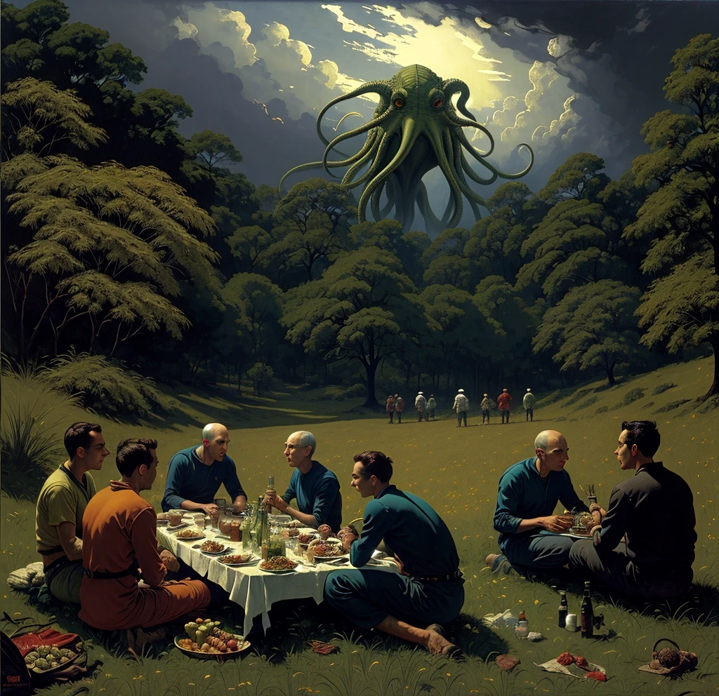 cthulhu devouring a meadow by people having picnic. highly detailed science fiction painting by norman rockwell, frank frazetta, and syd mead. rich colors, high contrast, gloomy atmosphere, dark background. trending on artstation