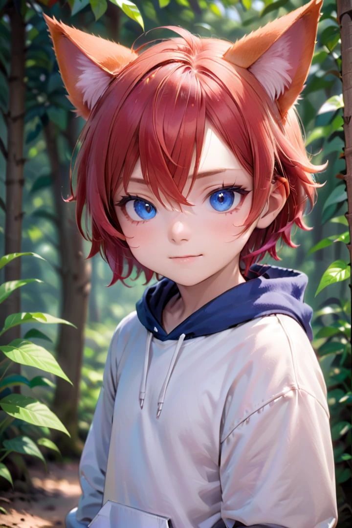 <lora:aki_sdxl_v10:0.6>,1boy, aki, crimson hair, animal ears, masterpiece, ultra detail, forest, blue eyes, (cute blue hoodie:1.3)