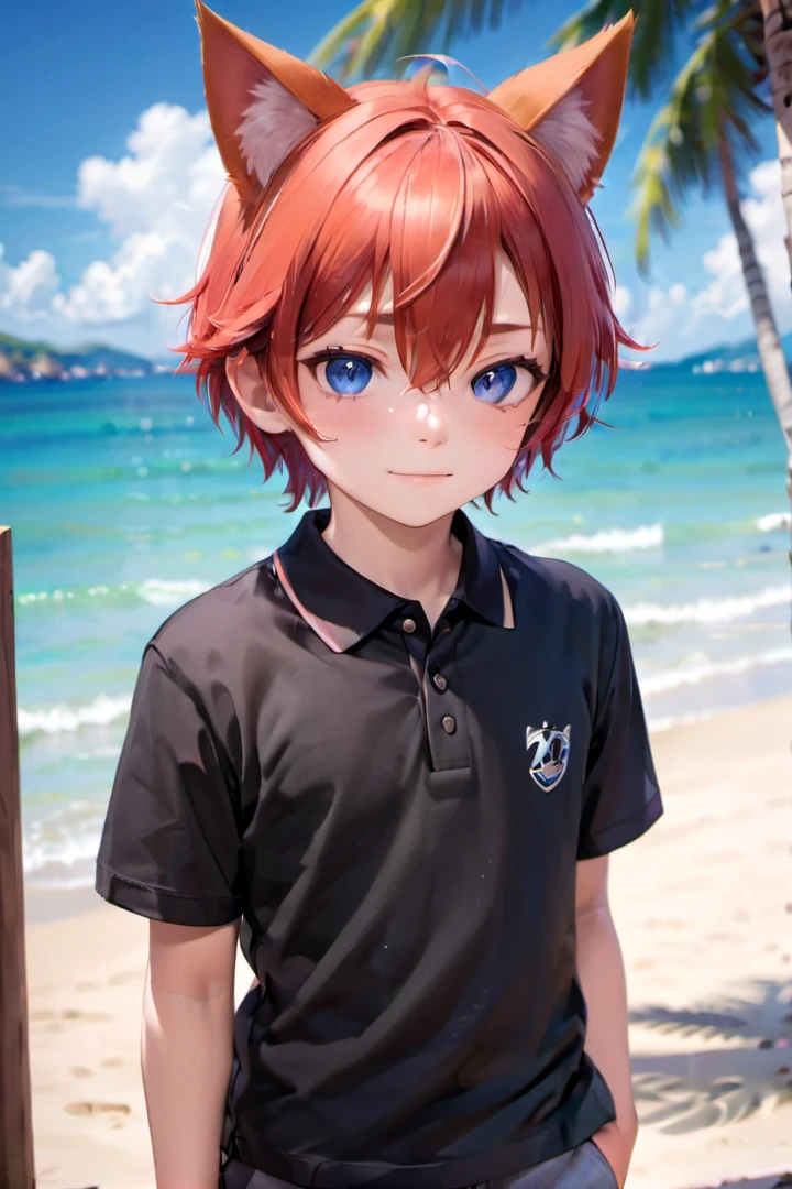 <lora:aki_sdxl_v10:0.6>,1boy, aki, crimson hair, animal ears, masterpiece, ultra detail, beach, blue eyes, black polo shirt