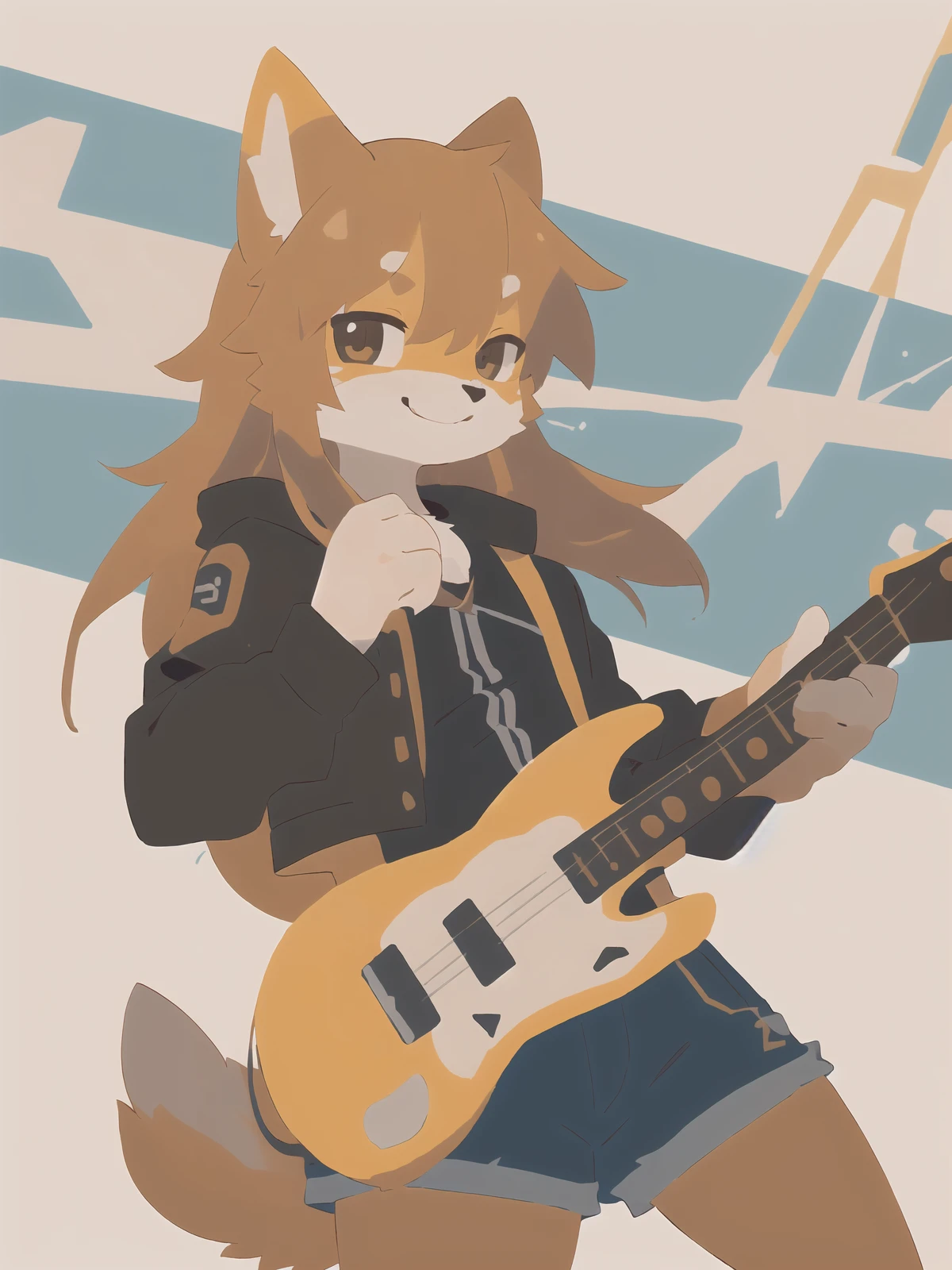 1girl, solo, electric guitar, jacket, short shorts, long hair, looking at viewer, smile, amps, cowboy shot, abstract background,, (best quality, masterpiece, illustration, ultra-detailed:1.3), (uploaded on e621, furry, anthro, kemono:1.3),