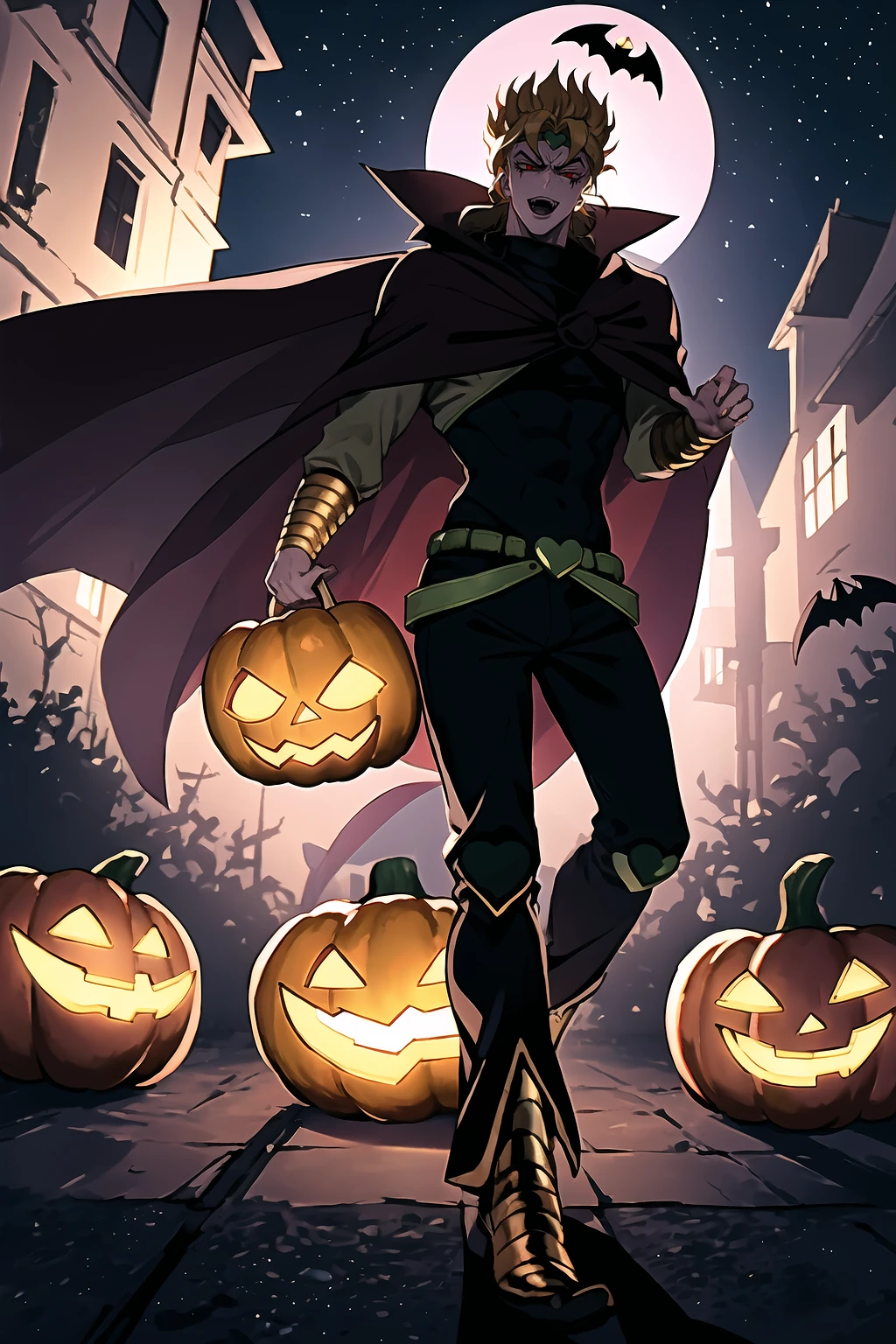 masterpiece, best quality, incrshlwn, <lora:Halloween:0.5>, halloween, halloween costume, night sky, outdoors, ascot, pants, vampire costume, cape, dio,  <lora:Char_Sigmas_Dio:0.9>