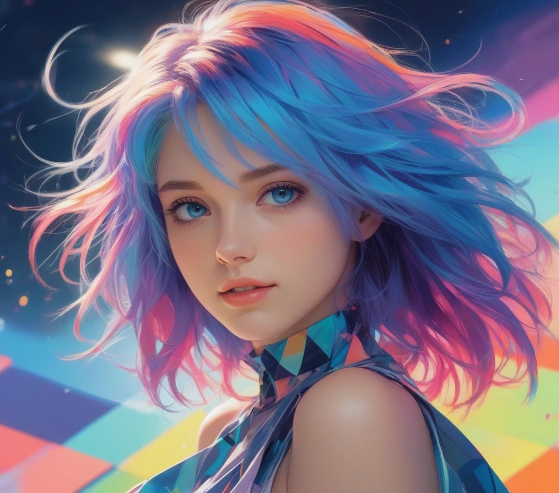 nubile girl,  translucent, beautiful detailed blue eyes, (smile:0.5), wild colorful open hair, abstract geometric background, iridescent, chromatic aberration, medium shot,glossy lips,anime,manga,
[(colorful explosion psychedelic paint colors:0.7)::10],
(translucent ), (windy), (dynamic), style, (colorful hair explosion),
shoulder-free, (colorful),
[(modest)::15],sideboob,downblouse,laying on her back ,
(protruding nipples:1.2), shoulder, (((soft focus))),
80's anime