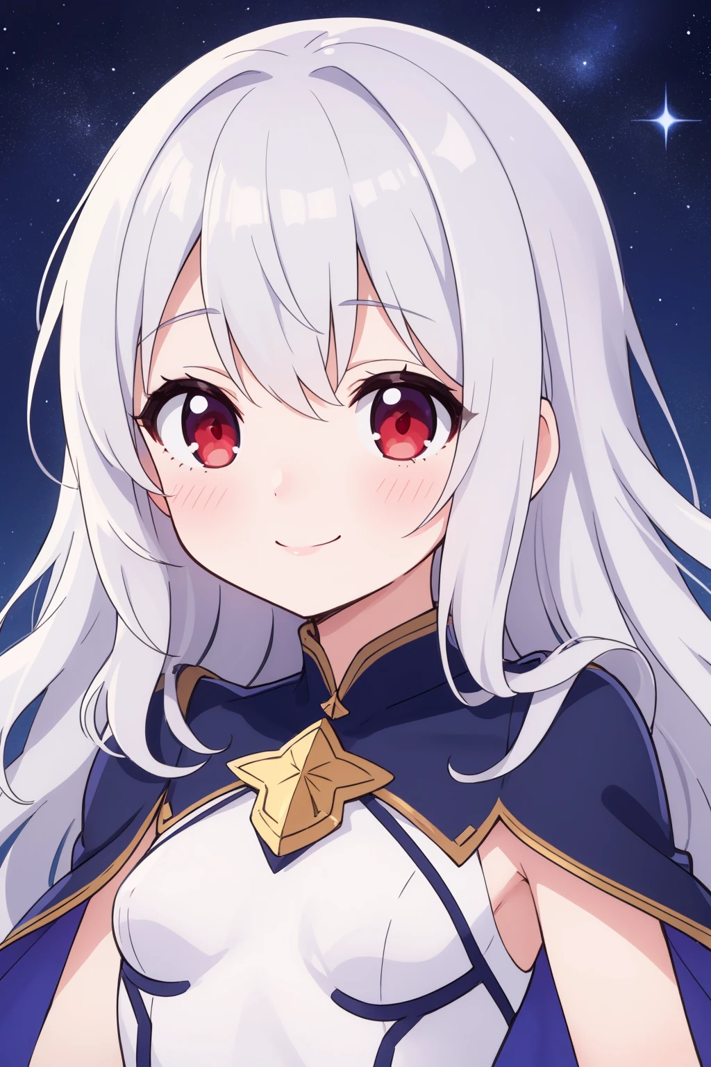 masterpiece, best quality, 1girl, solo,
long hair, wavy hair, silver hair, red eyes, small breasts, dress, fantasy, light smile, blush,
portrait, starry sky,