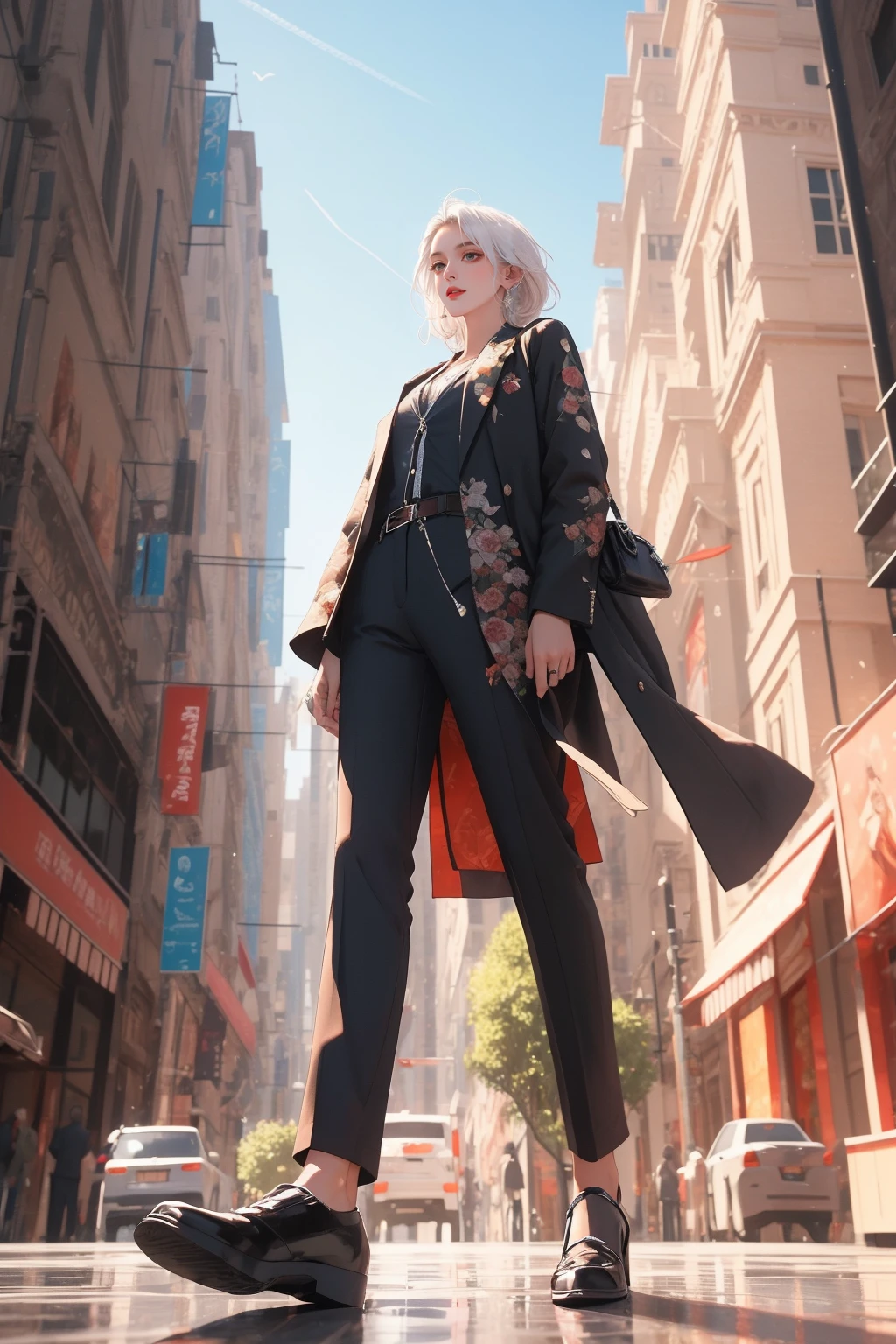 masterpiece,best quality,ultra-detailed,from below,<lora:20231024-1698157924828-0004:0.9>,white hair,full body,black suit,
