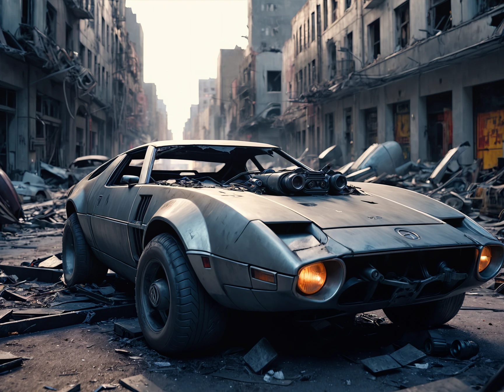 cinematic film still an futuristic cyberpunk, dieselpunk sports car in a destroyed city after an nuclear blast . shallow depth of field, vignette, highly detailed, high budget, bokeh, cinemascope, moody, epic, gorgeous, film grain, grainy, high quality photography, 3 point lighting, flash with softbox, 4k, Canon EOS R3, hdr, smooth, sharp focus, high resolution, award winning photo, 80mm, f2.8, bokeh
