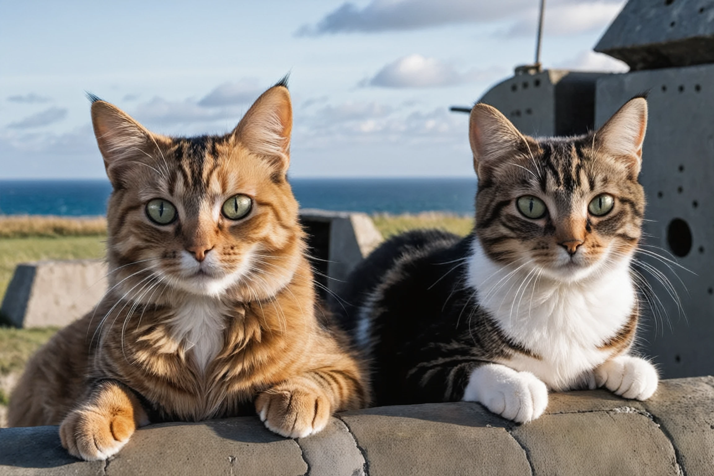 Closeup 2 cats a sitting in a German flack, Atlantic wall