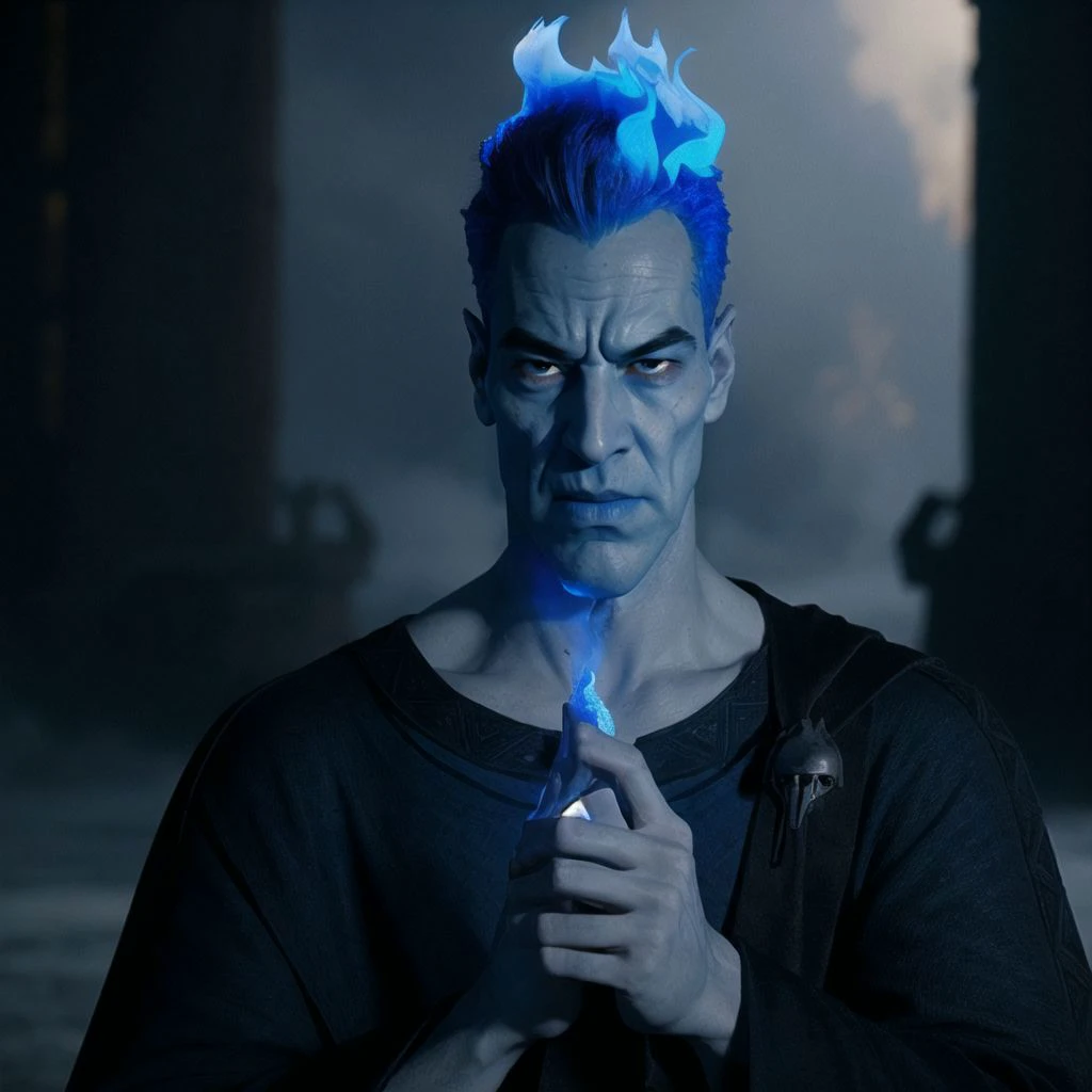 raw photo,
<lora:Hades_Disney:0.8>, Hades_Disney, (blue fire:1.2), (fire on head:1.3), 1boy, solo
(grey skin:1.1), black robe,( glowing eyes:1.2), angry, gaunt
looking at viewer, upper body portrait, cinematic composition, <lora:add_detail:.2>