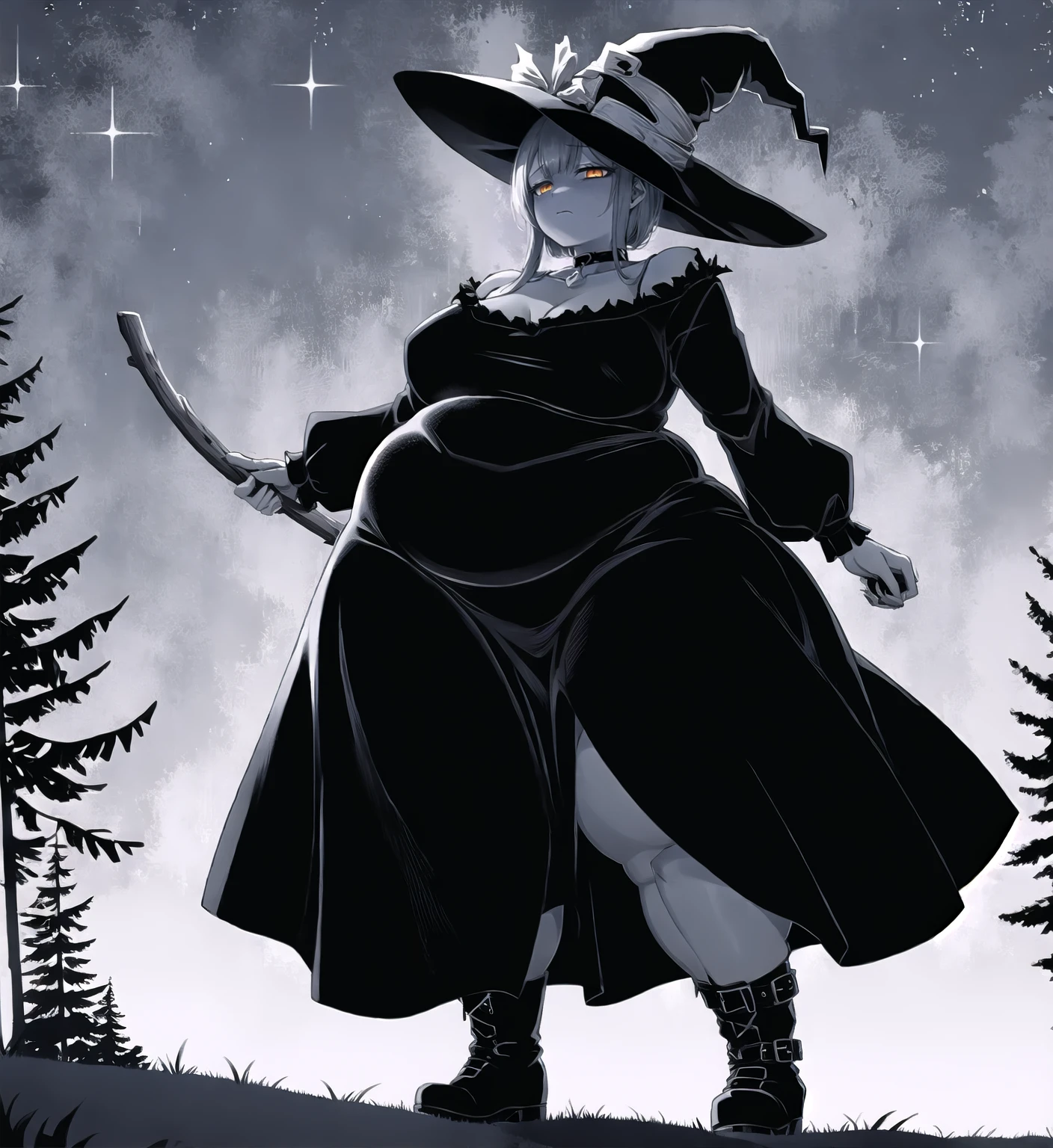 <lora:SyModel-1-0-alpha06-extract:0.85>
(high_aesthetic:1.2),
(fat, wide hips:1.2), (black dress), witch, witch hat, choker, (half-closed eyes), exhausted, tired, orange eyes, long dress, 
night, outdoors, pine tree,
standing, cowboy shot, 1girl, solo, boots