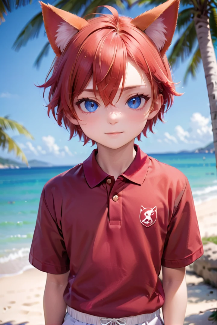 <lora:aki_sdxl_v10:0.6>,1boy, aki, crimson hair, animal ears, masterpiece, ultra detail, beach, blue eyes, blue polo shirt