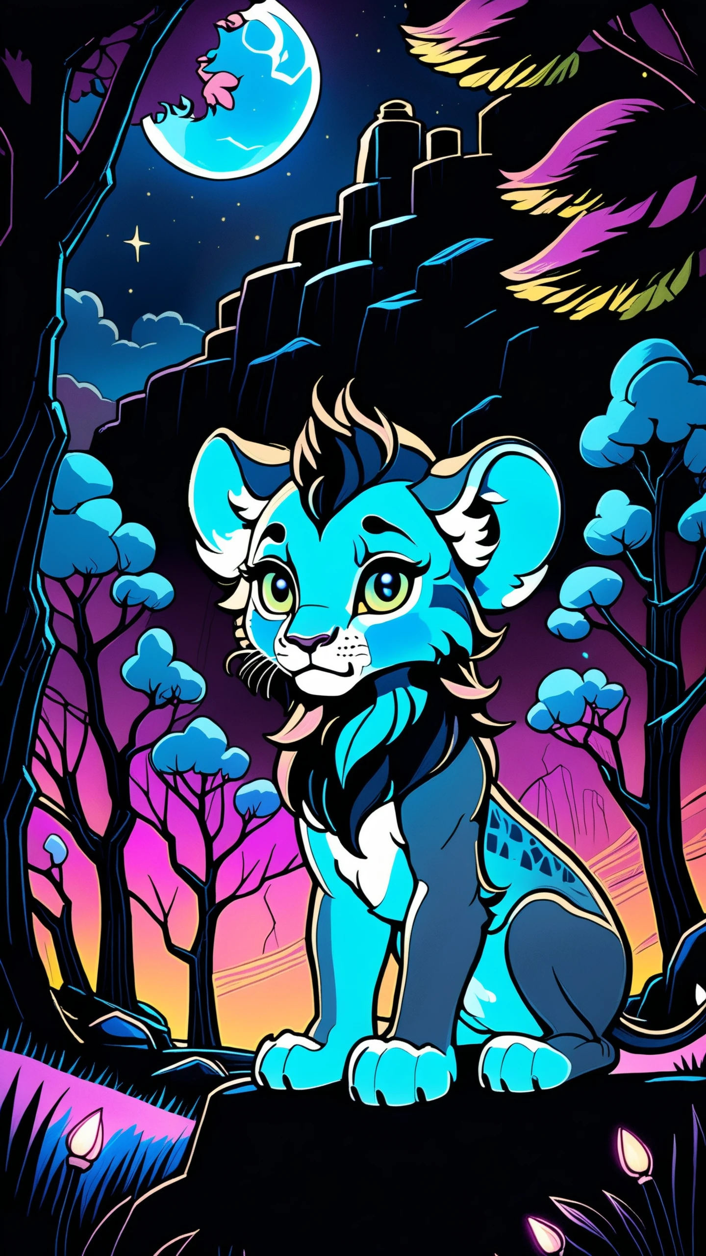 female lion cub, celestial, cute, adorable, whimsical, 2D comic illustration, anime fantasy, fine-inked Thick-outlines, cel-shaded, contour, mysterious, Dark, by disney, pixar, Town of Salem 2, darkest dungeon, cinematic Ch4lk4rt still 3d chalk art landscape made out of very soft and fluffy colorful glowing fluorescent neon led chalk art, at night black background