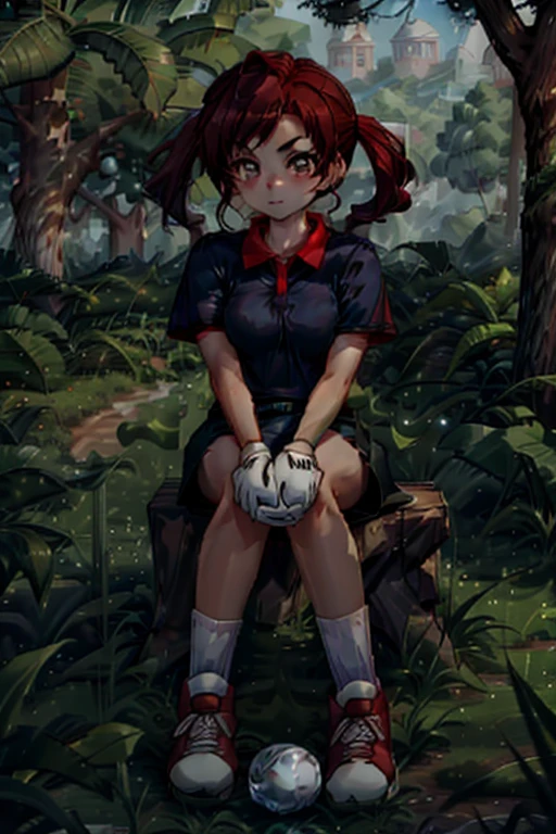 highest quality, highest quality visuals, highest details,<lora:Plum V21:0.8> plum (mario golf 64), 1girl, solo, 2D, high poly, brown hair, pigtails, green eyes, smile, dark blue shirt, red collar, red cuffs, 1white_glove, black shorts, bare legs, socks, red and white sneakers, (dark background:1.2), <lora:add_brightness:-1.15>
