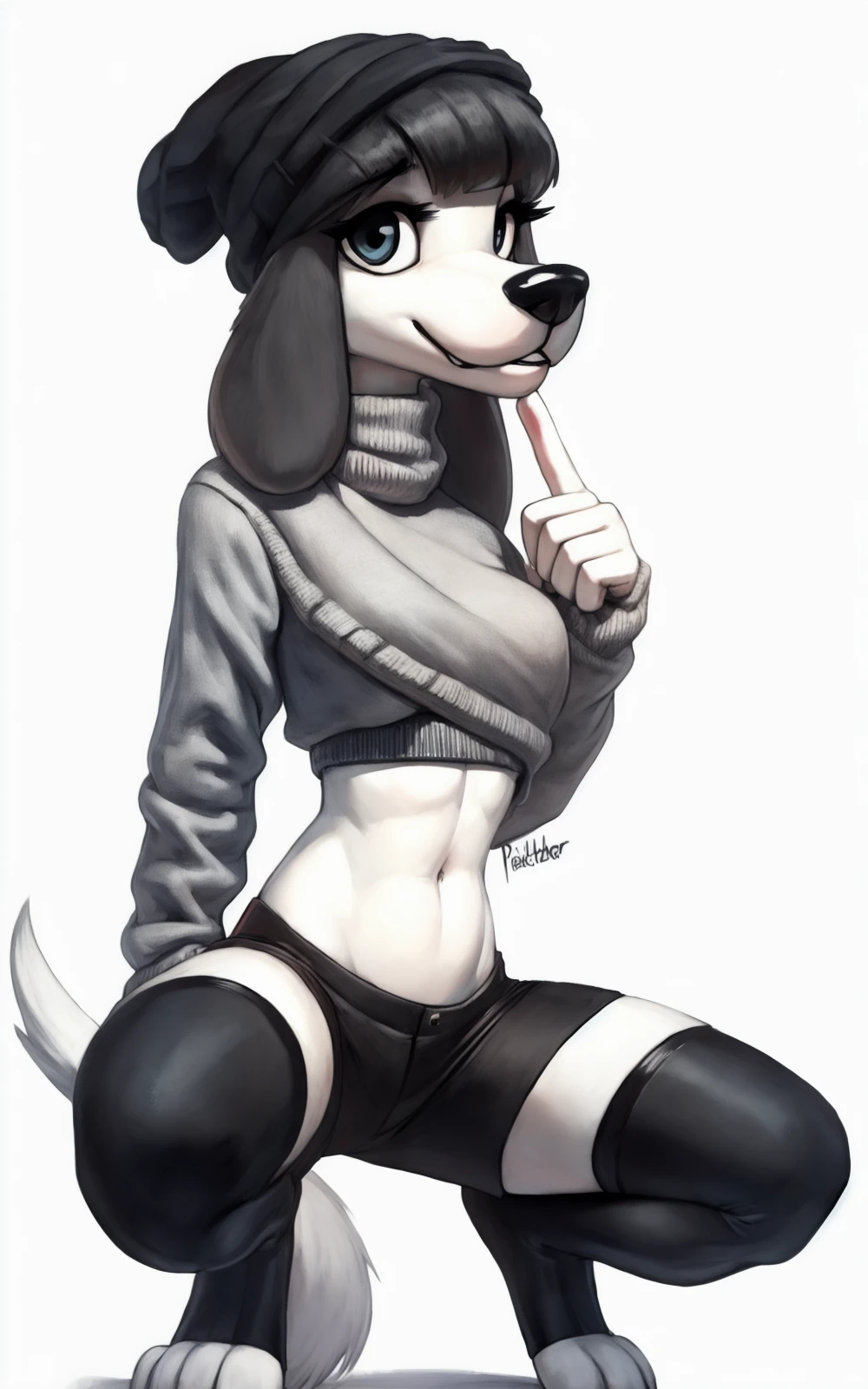 Solo, Furry, Anthro, Rottweiler, Female, E621, Standing, Naked, Small Curves, Front view, Small ass, Hands behind back, Small breasts, Plain background, by bebebebebe:1.2, buta99, chelodoy, butterchalk