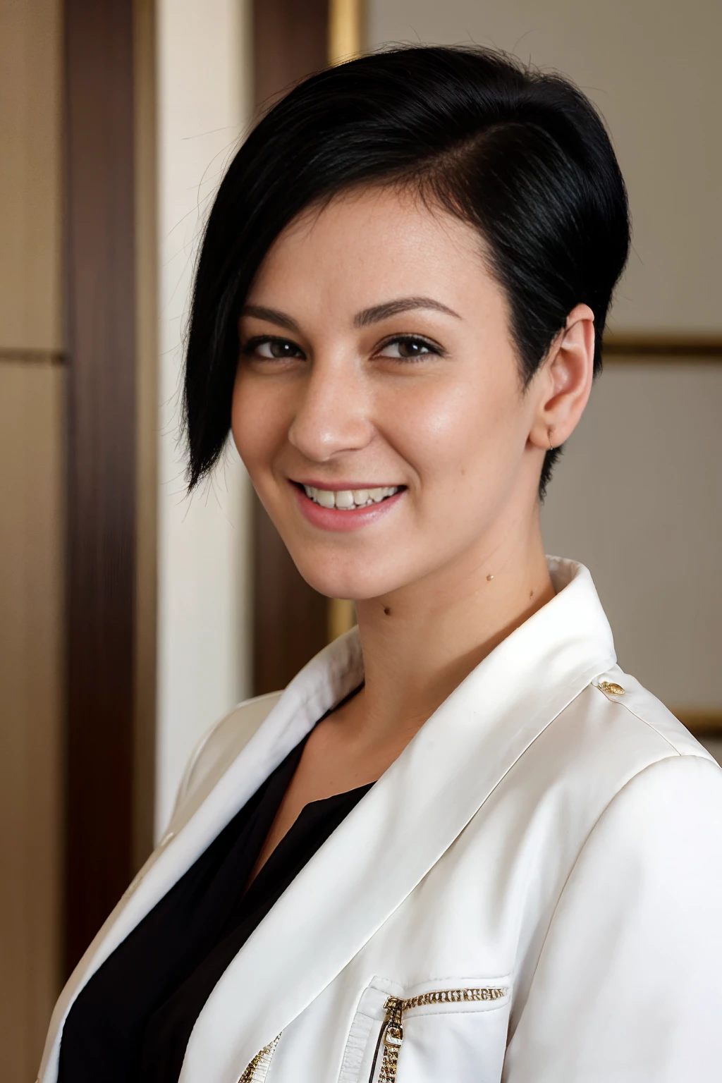 <lora:EmyliaArgan:1> emyliaargan, woman, short black hair, white jacket, smile,, intricate details, hyperdetailed, cinematic, realistic, masterpiece