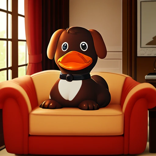 rubberduck dog, on a sofa in a room<lora:rubberduck-000009:1>
