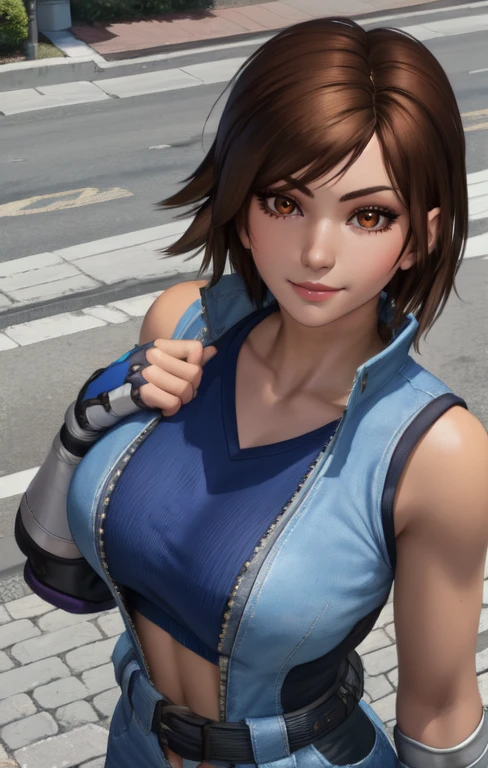 AsukaT7, brown eyes, brown hair,  from above,  
fingerless gloves , elbow pads, jumpsuit, navel,  blue undershirt, midriff, 
looking at viewer,  light smile,  standing,  upper body, 
streets, morning, 
(insanely detailed, beautiful detailed face,beautiful detailed eyes, masterpiece, best quality),
 <lora:AsukaT7:0.7>